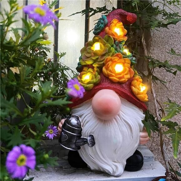 Garden Gnome Statue Outdoor Decor, Resin Gnome Figurine with Watering Can - Picture 6 of 8
